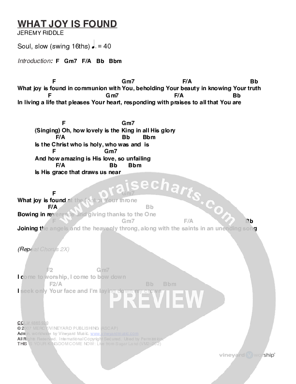 What Joy Is Found Chords & Lyrics (Vineyard Music)