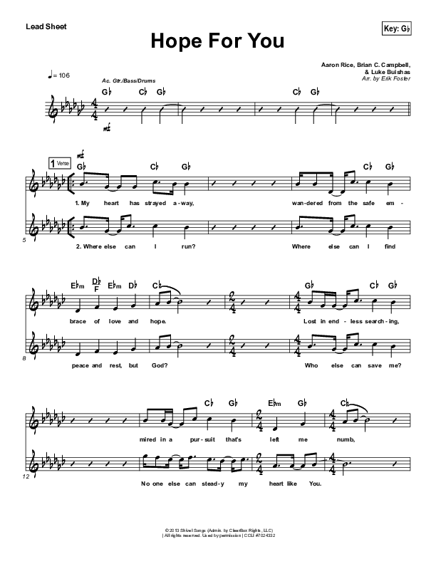 Hope For You Lead Sheet (Vital Worship)