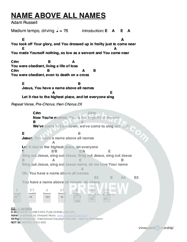 Name Above All Names Chords & Lyrics (Vineyard Music)