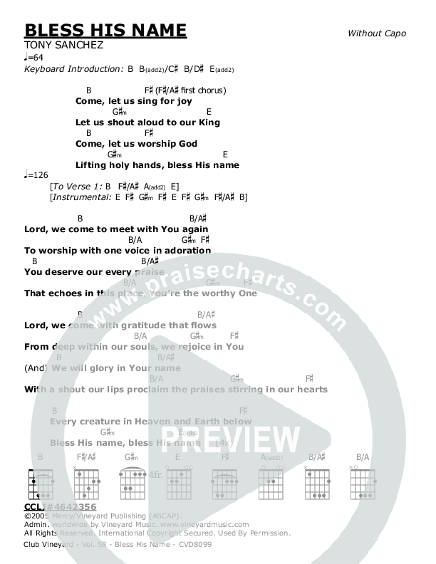 Bless His Name Chords & Lyrics (Vineyard Music)