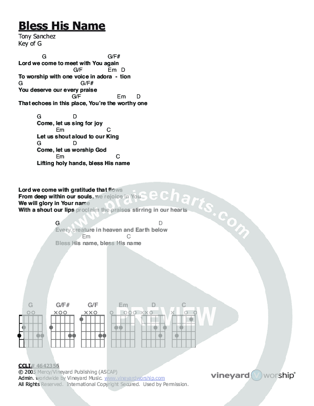 Bless His Name Chords & Lyrics (Vineyard Music)