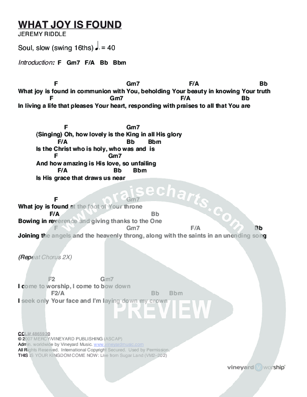 What Joy Is Found Chords & Lyrics (Vineyard Music)