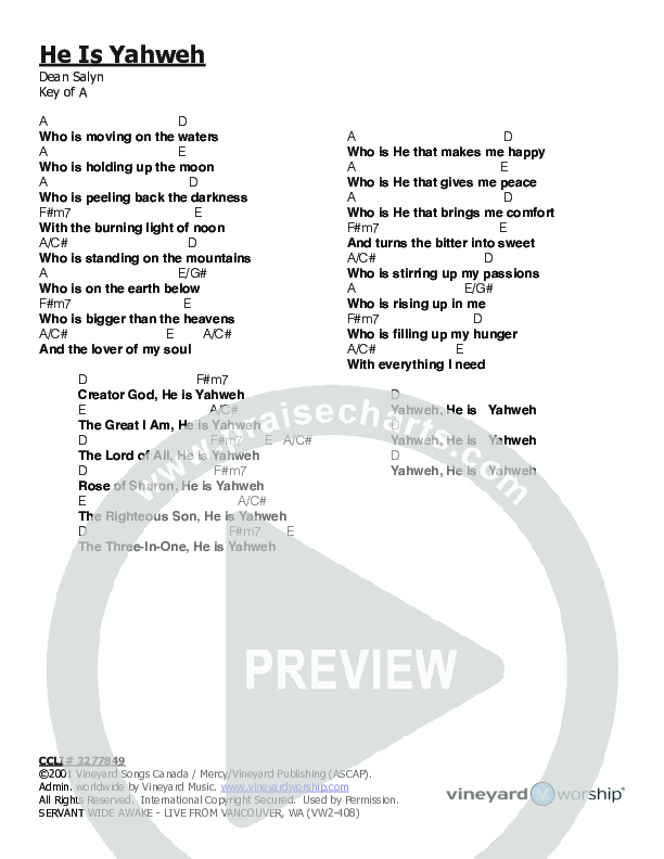 He is Yahweh Chord Chart (Vineyard Music)