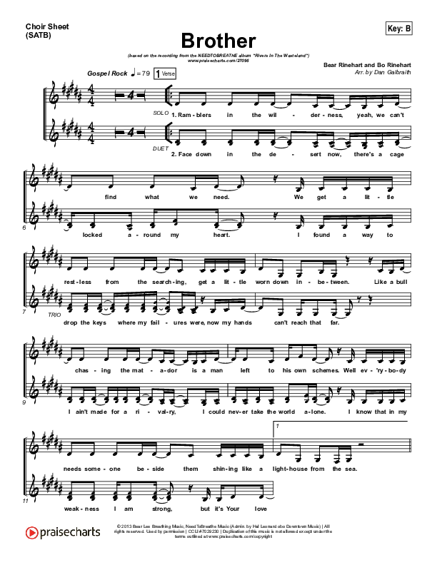 Brother Choir Sheet (SATB) (Print Only) (Needtobreathe)