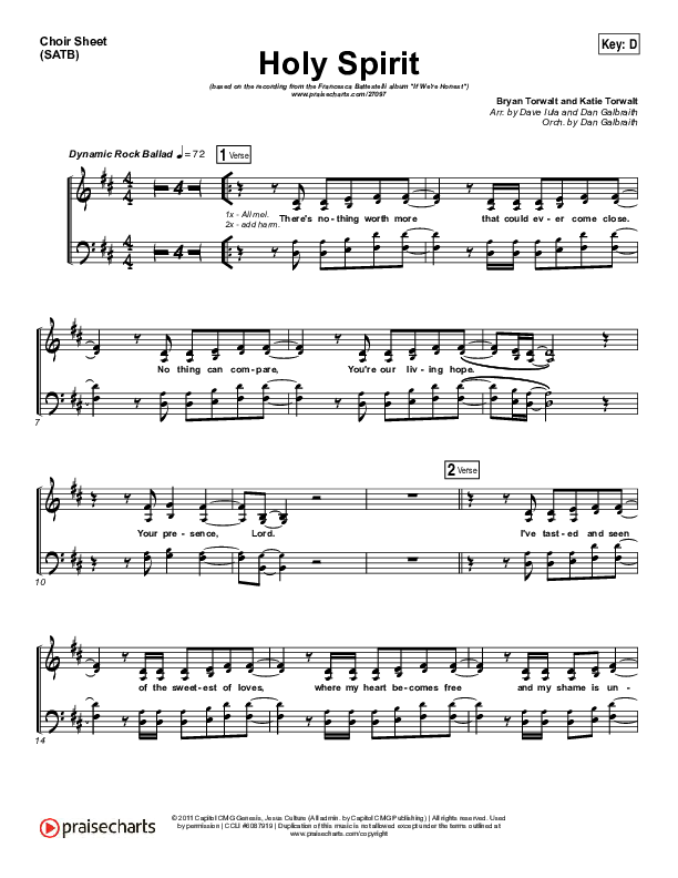 Holy Spirit  Choir Sheet (SATB) (Francesca Battistelli)