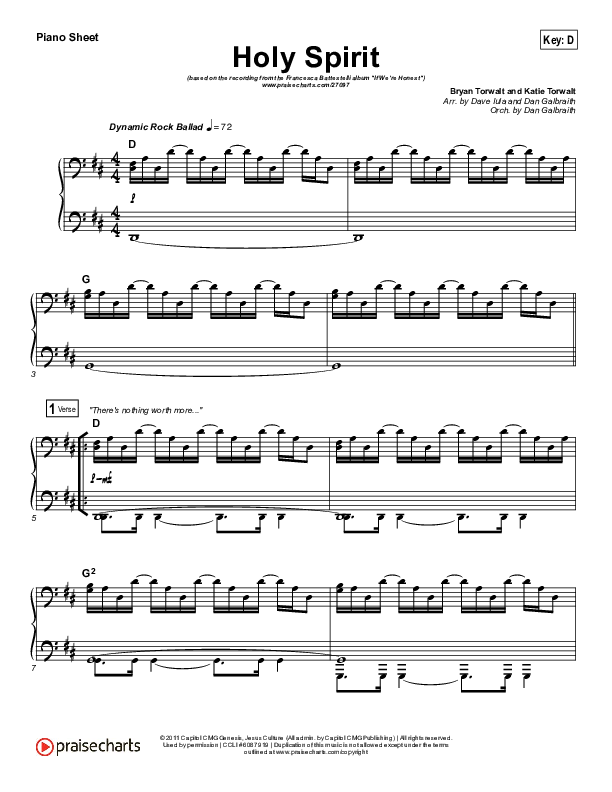 Holy Spirit  Piano Sheet (Francesca Battistelli)