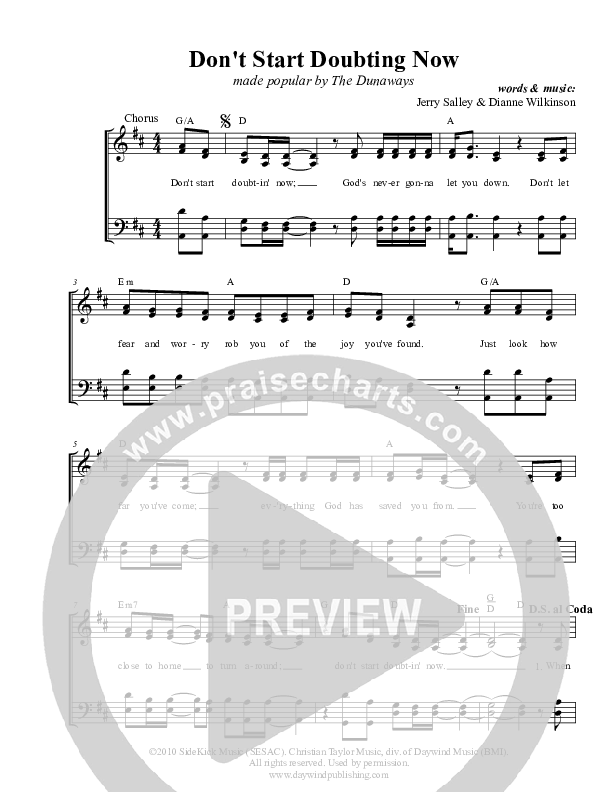 Don't Start Doubting Now Lead & Piano (Dunaways)