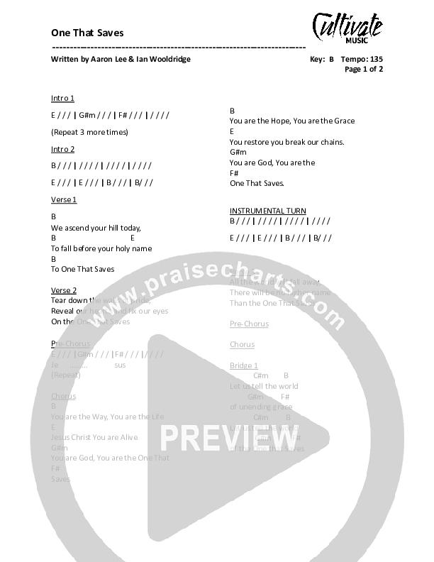 One That Saves Chords & Lyrics (Cultivate Music)