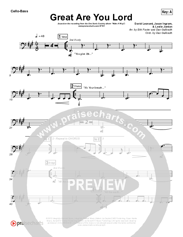 Great Are You Lord Cello/Bass (One Sonic Society)