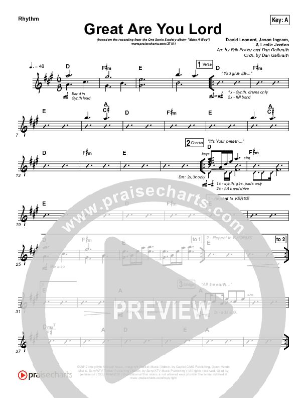 Great Are You Lord Rhythm Chart (One Sonic Society)