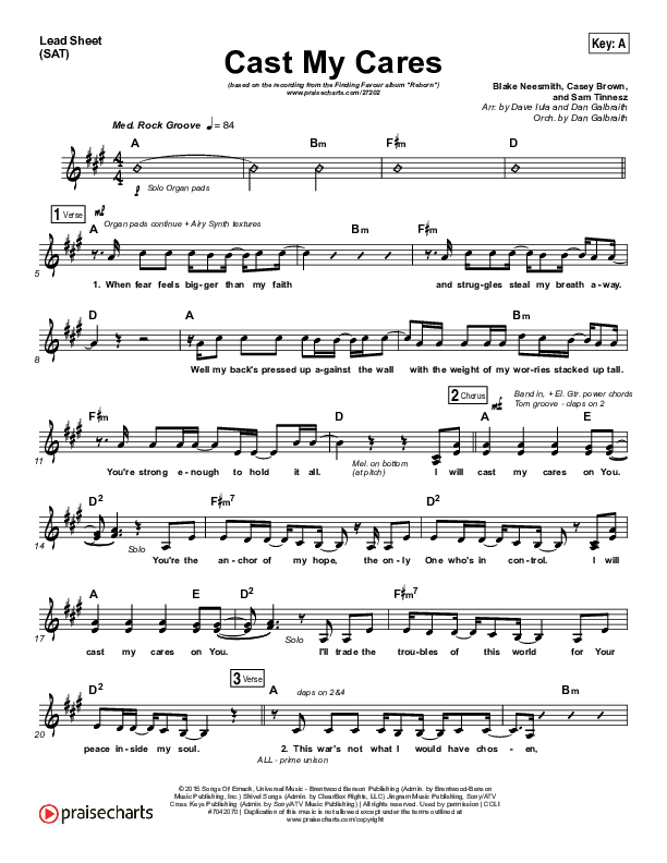 Cast My Cares Lead Sheet (SAT) (Finding Favour)