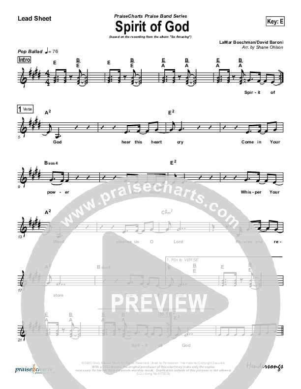 Spirit Of God Lead Sheet (LaMar Boschman)