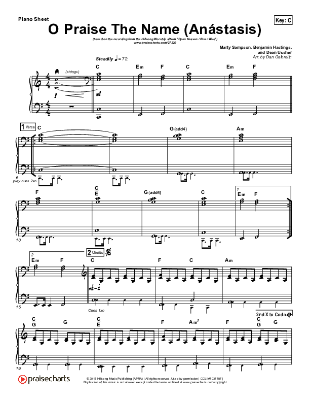 O Praise The Name (Anastasis) Piano Sheet (Hillsong Worship)
