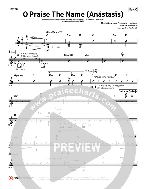 O Praise The Name (Anastasis) Rhythm Chart (Hillsong Worship)