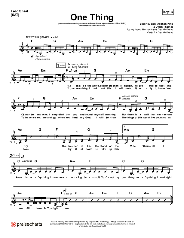 One Thing Lead Sheet (SAT) (Hillsong Worship)