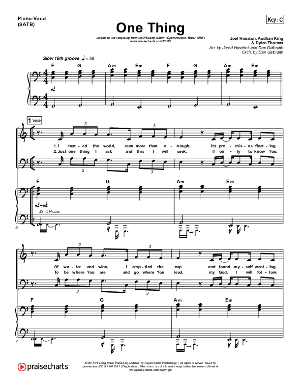One Thing Piano/Vocal (SATB) (Hillsong Worship)