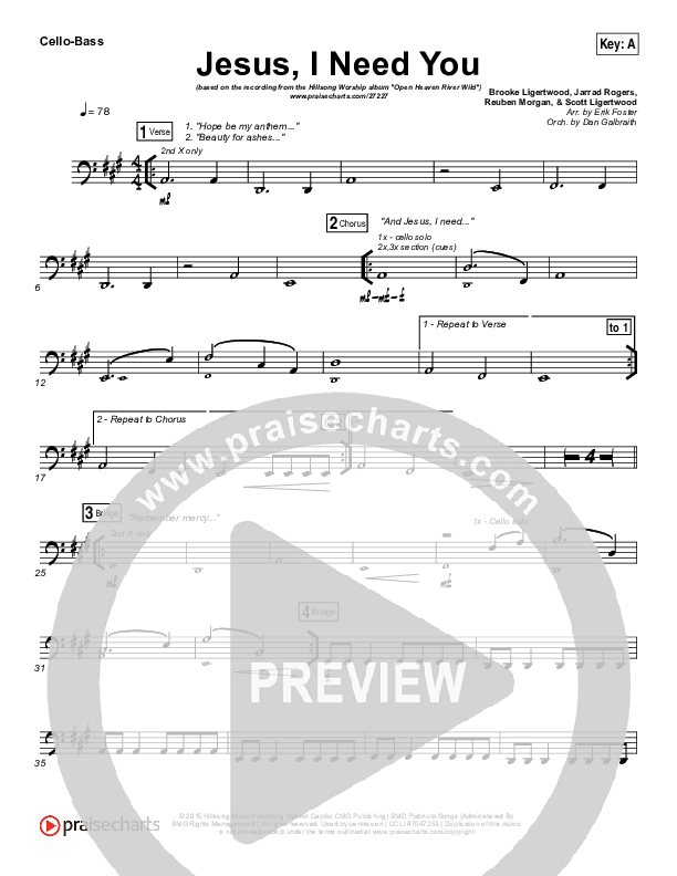 Jesus I Need You Cello/Bass (Hillsong Worship)