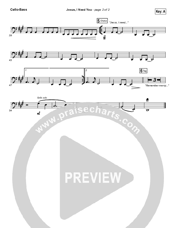 Jesus I Need You Cello/Bass (Hillsong Worship)