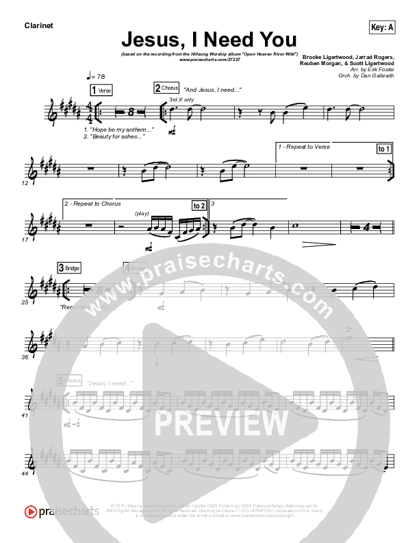 Jesus I Need You Clarinet (Hillsong Worship)