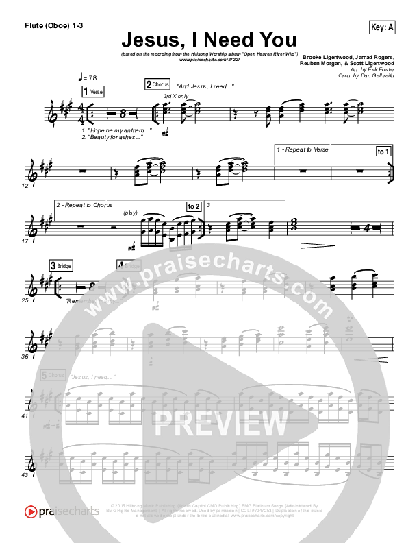 Jesus I Need You Flute/Oboe 1/2/3 (Hillsong Worship)