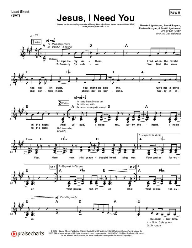 Jesus I Need You Lead Sheet (SAT) (Hillsong Worship)