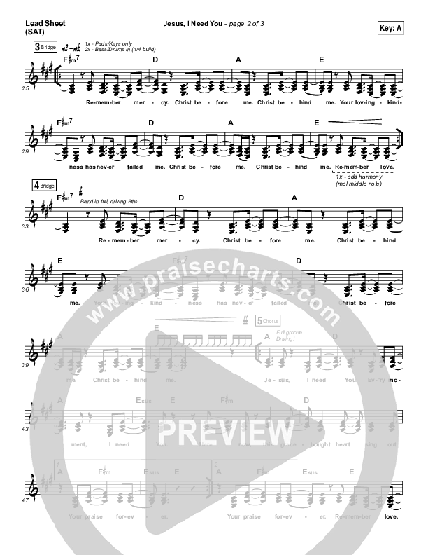 Jesus I Need You Lead Sheet (SAT) (Hillsong Worship)