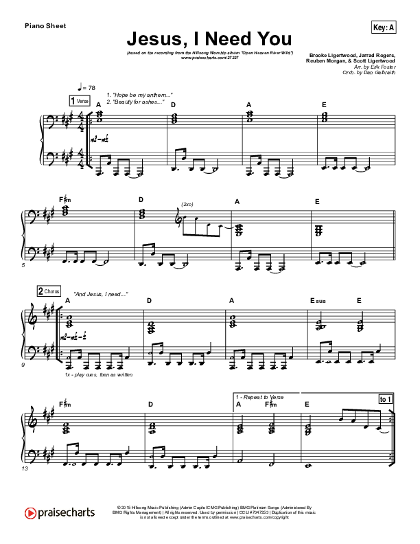 Jesus I Need You Piano Sheet (Hillsong Worship)