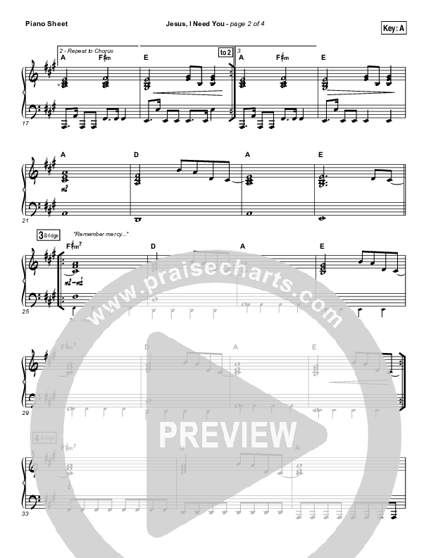 Jesus I Need You Piano Sheet (Hillsong Worship)