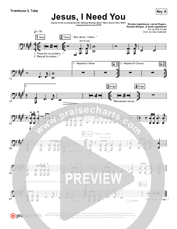 Jesus I Need You Trombone 3/Tuba (Hillsong Worship)