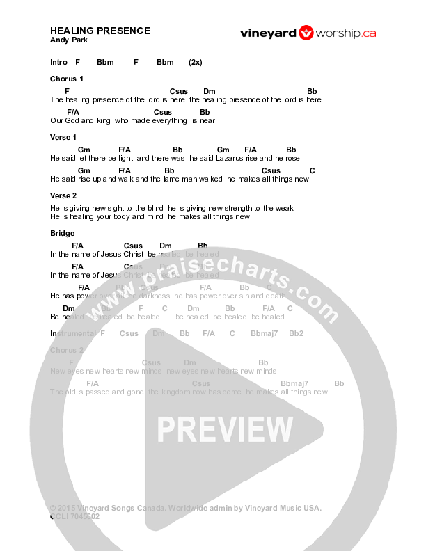 Healing Presence Chords & Lyrics (Andy Park)