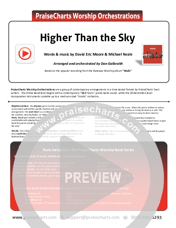 Higher Than The Sky Cover Sheet (Gateway Worship / Matt Birkenfeld)
