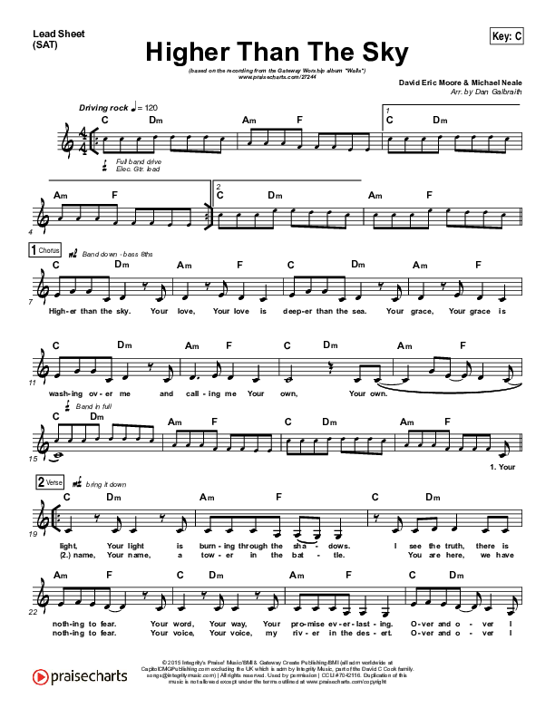 Higher Than The Sky Lead Sheet (SAT) (Gateway Worship / Matt Birkenfeld)