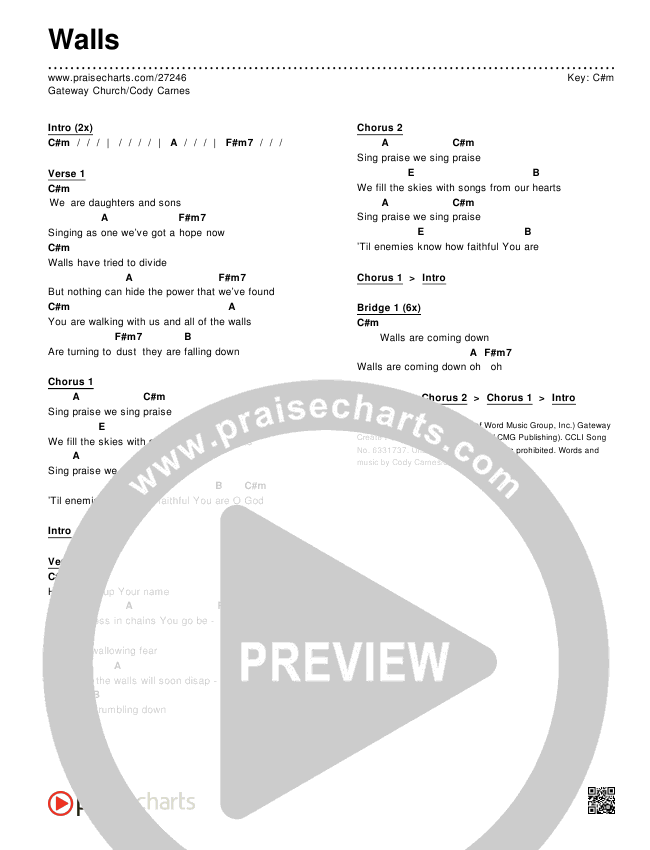 Walls Chords & Lyrics (Gateway Worship / Cody Carnes)