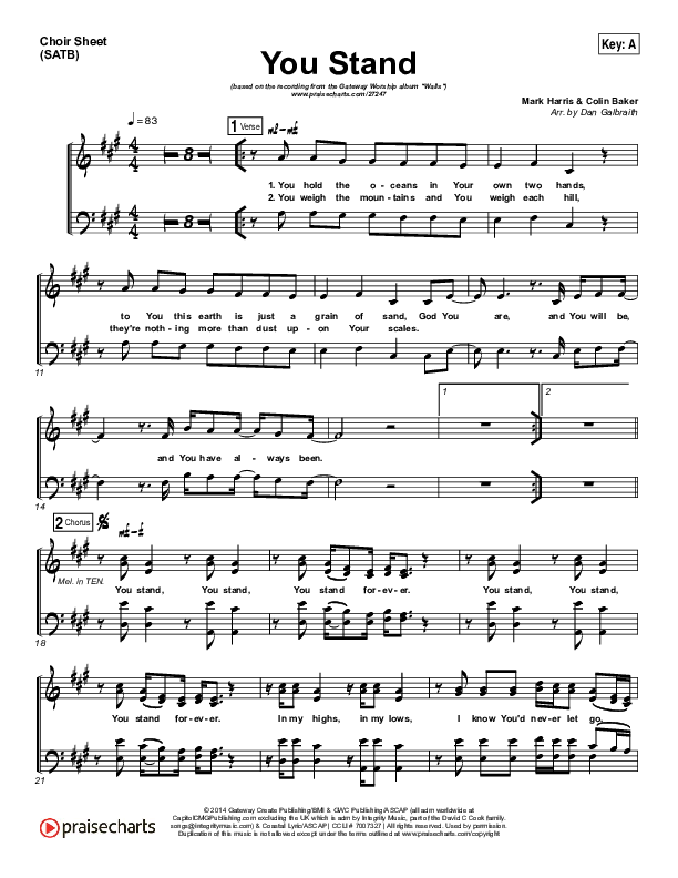 You Stand Choir Sheet (SATB) (Gateway Worship / Thomas Miller)