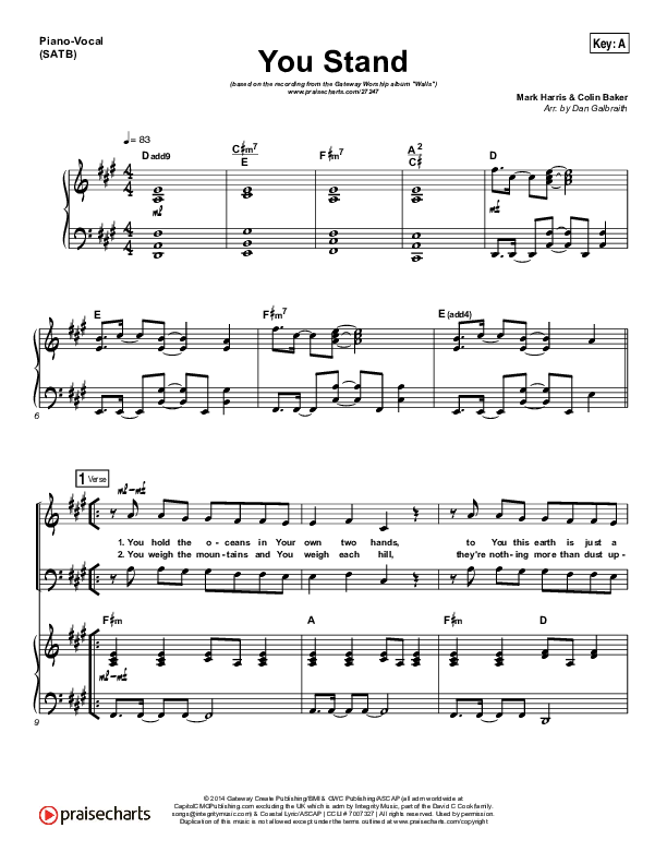 You Stand Piano/Vocal (SATB) (Gateway Worship / Thomas Miller)