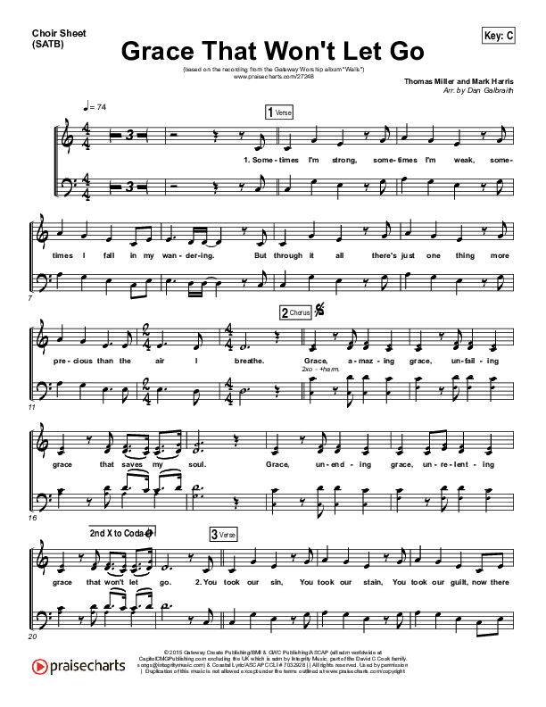 Grace That Won't Let Go Choir Sheet (SATB) (Gateway Worship / Mark Harris)