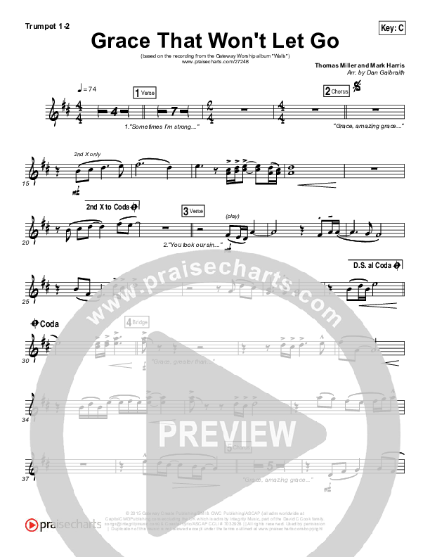 Grace That Won't Let Go Trumpet 1,2 (Gateway Worship / Mark Harris)