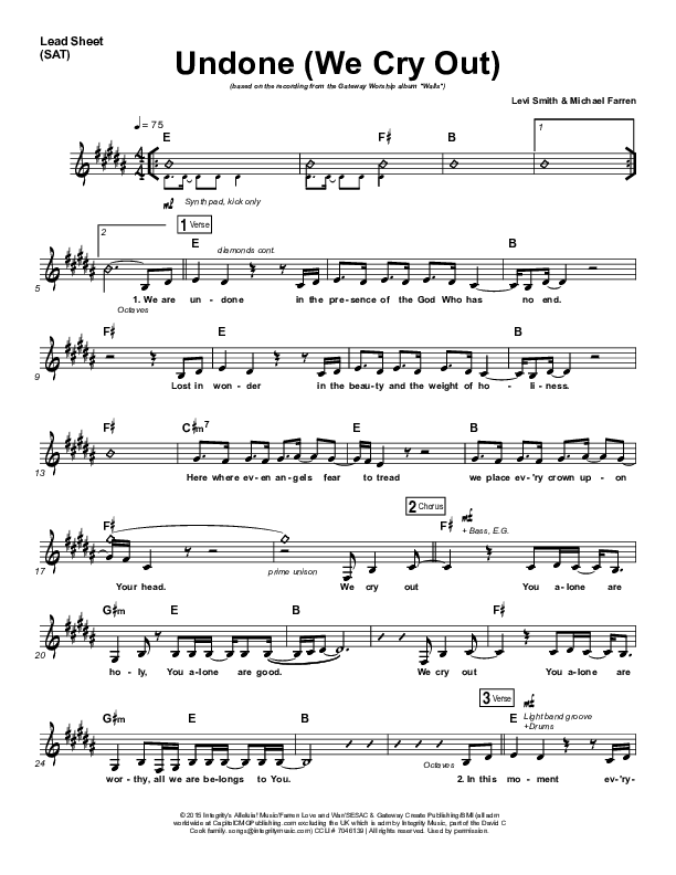 Undone (We Cry Out) Lead Sheet (SAT) (Gateway Worship)