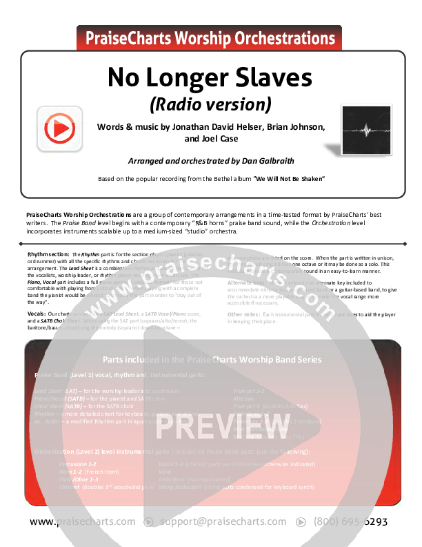 No Longer Slaves (Radio) Cover Sheet (Bethel Music / Jonathan David Helser)