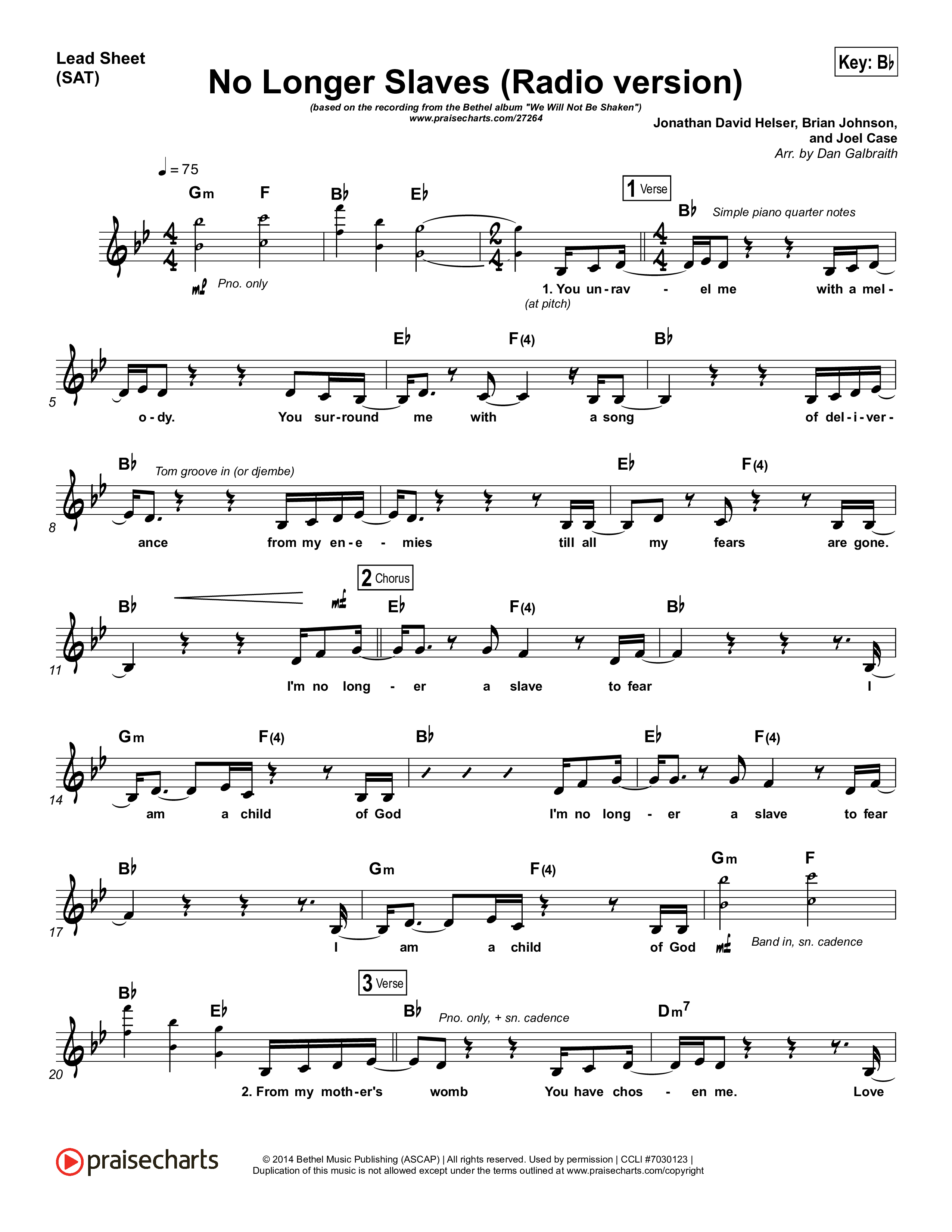 No Longer Slaves (Radio) Lead Sheet (SAT) (Bethel Music / Jonathan David Helser)