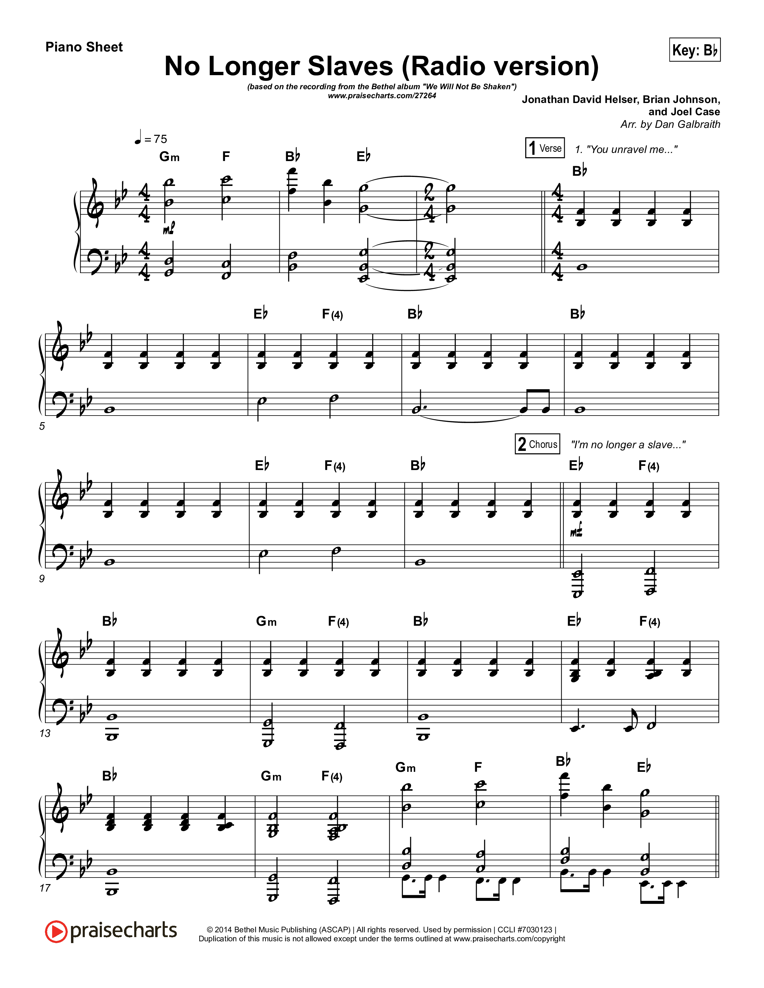 No Longer Slaves (Radio) Piano Sheet (Bethel Music / Jonathan David Helser)