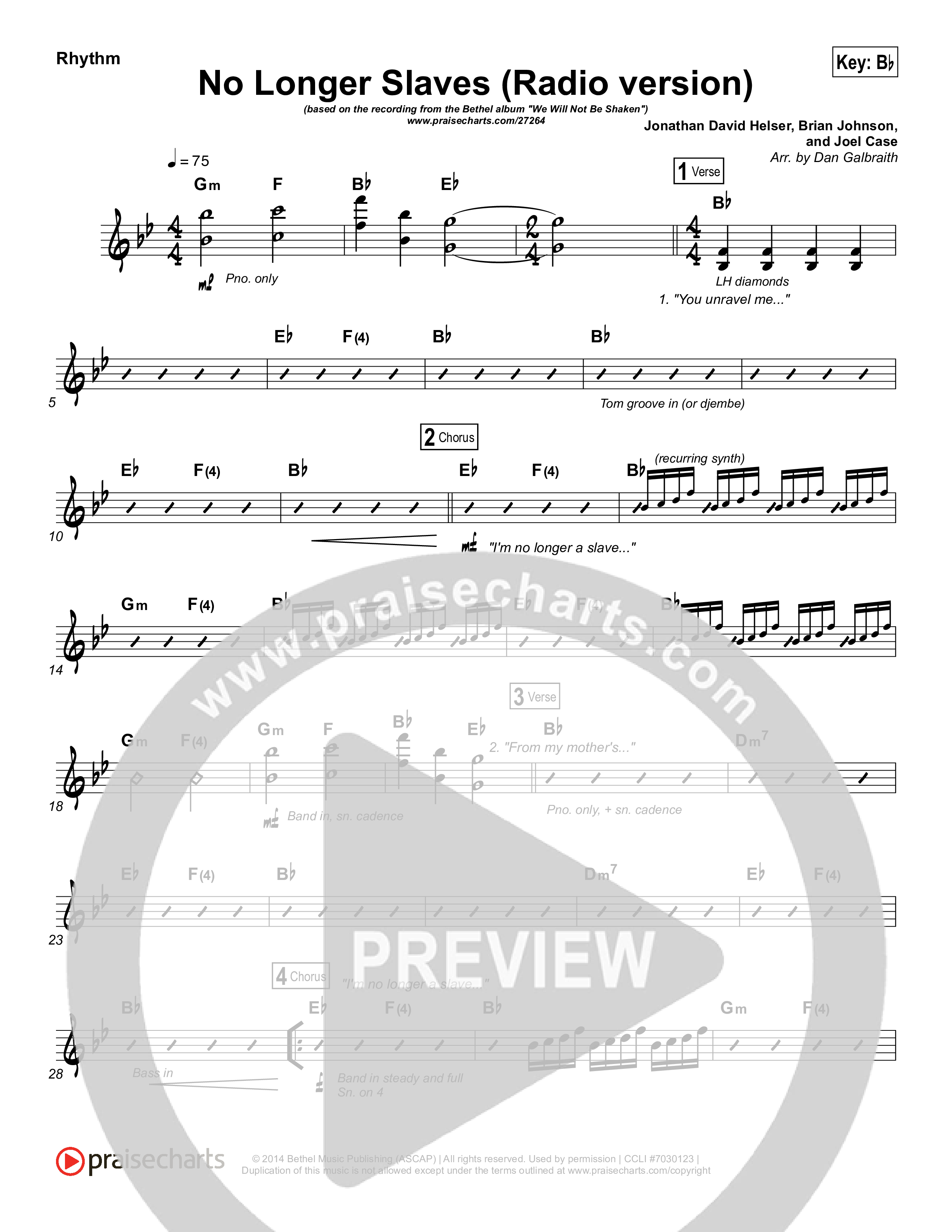 No Longer Slaves (Radio) Rhythm Chart (Bethel Music / Jonathan David Helser)