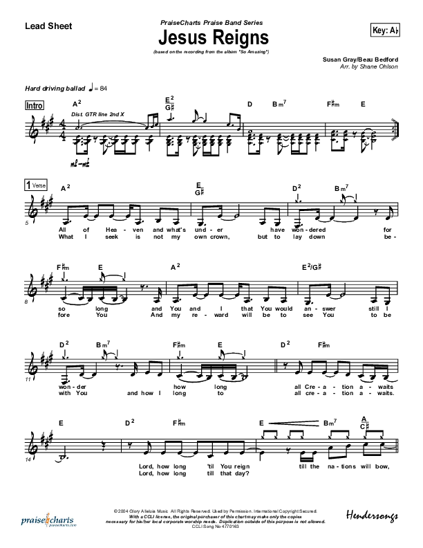 Jesus Reigns Lead Sheet (Susan Gray)
