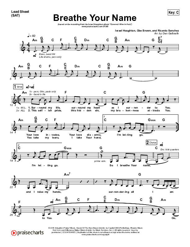 Breathe Your Name Lead Sheet (SAT) (Israel Houghton)
