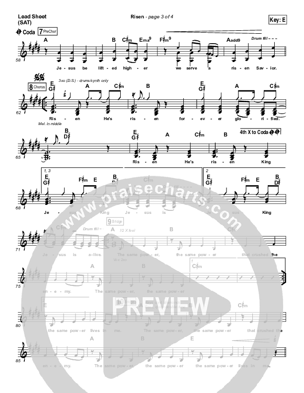 Risen Lead Sheet (SAT) (Israel Houghton)