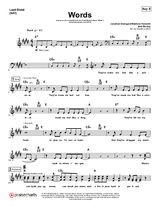 Words Lead Sheet (SAT) (Hawk Nelson)