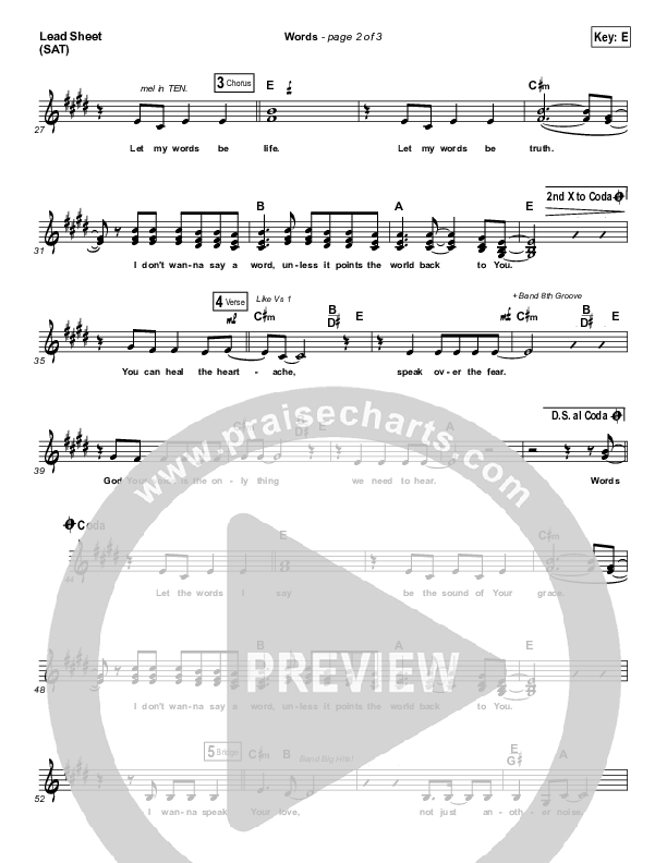 Words Lead Sheet (SAT) (Hawk Nelson)