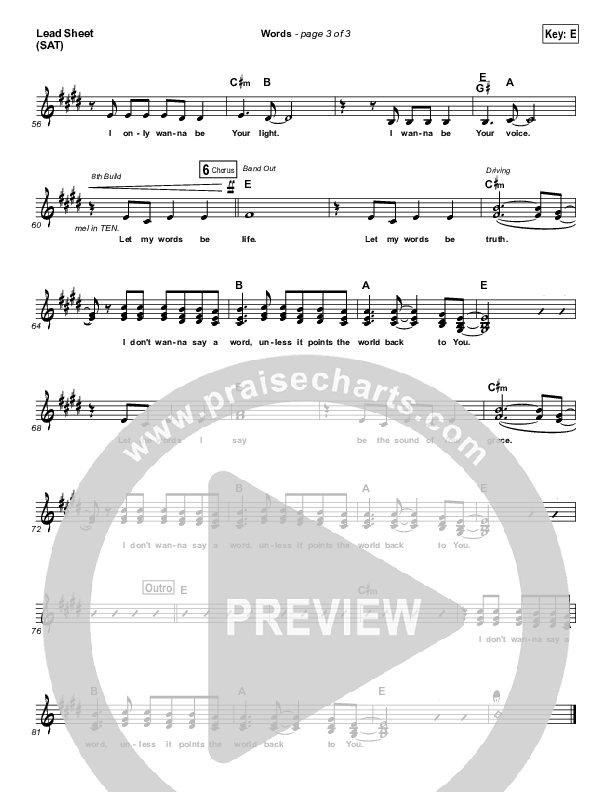 Words Lead Sheet (SAT) (Hawk Nelson)