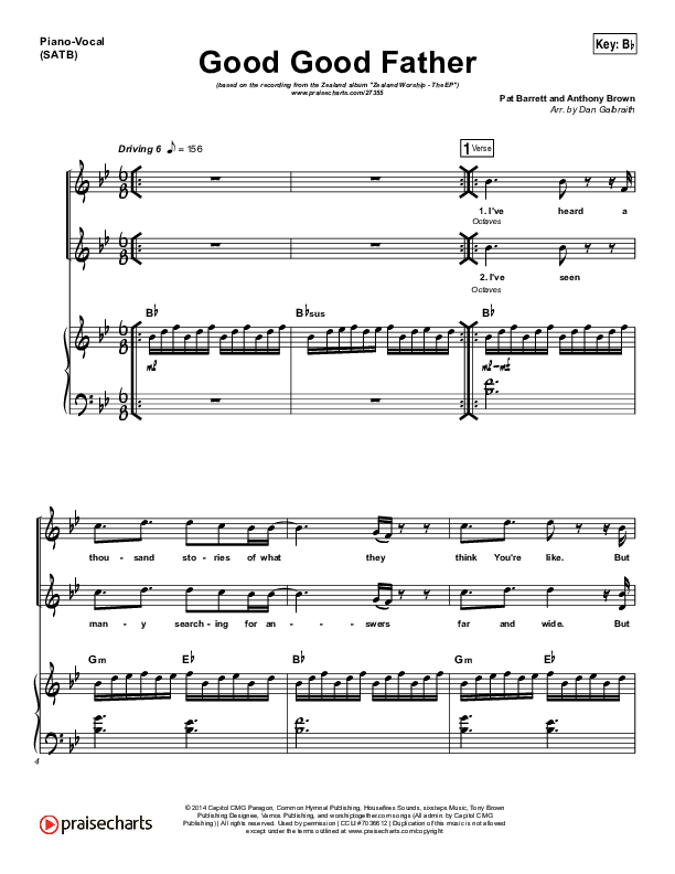 Good Good Father Piano/Vocal (SATB) (Zealand)