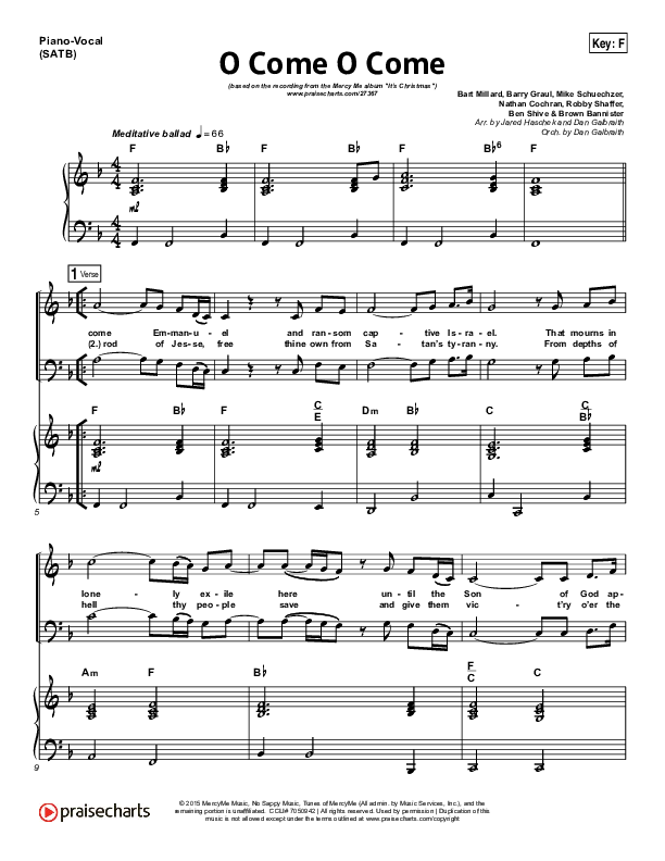 O Come O Come Piano/Vocal (SATB) (MercyMe)